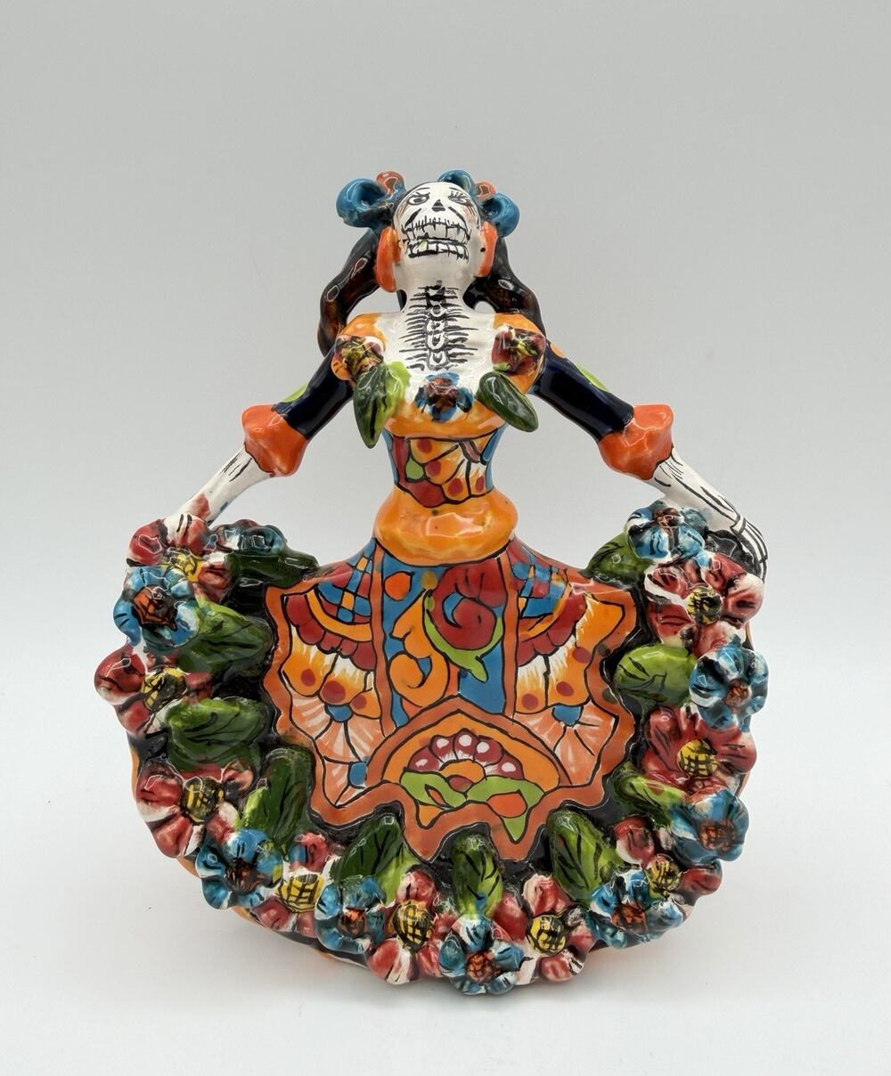 Talavera Dancing Catrina Figurine 7” Day of the Dead Sugar Skull Signed Mexico